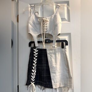 DARKER WAVS DISTORTION PATCHWORK LACE-UP SKIRT W/MATCHING CORSET TOP